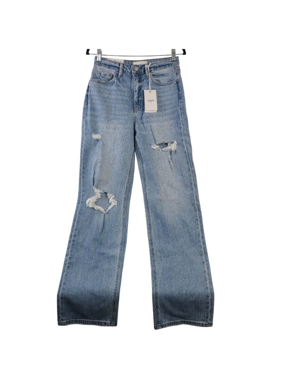High-Rise Distressed Wide Leg Jeans - Light Blue